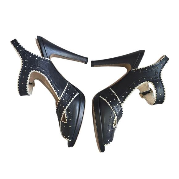 Max Mara Y2K Black White Leather Peep Toe Heels Size 37 Mary Jane Stiletto - Picture 3 of 8
